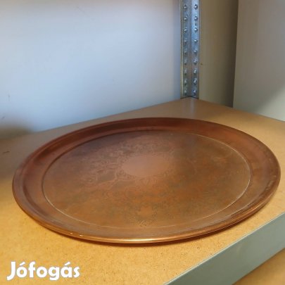 Dekoratív Gazdag Vésett Mintával Régi Vörösréz Tálca Antik