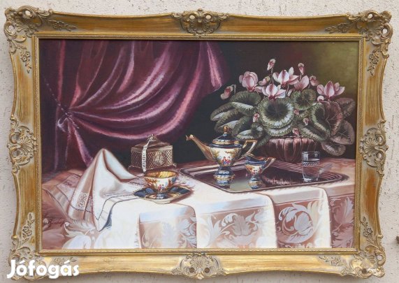 Dekoratív, nagy asztali csendélet olajfestmény