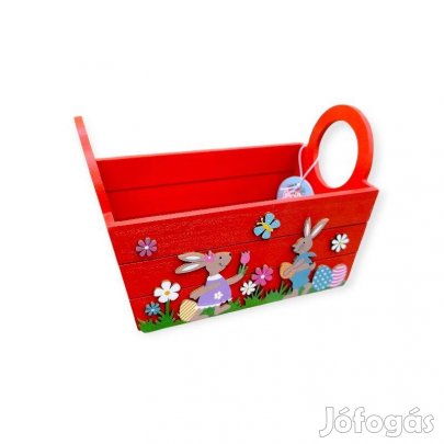 Dekoratív fa húsvéti láda nyuszi, virág és pillangó mintával piros,