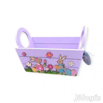 Dekoratív fa húsvéti láda nyuszi és húsvéti tojás mintával, lila 24x