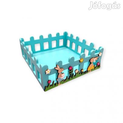 Dekoratív fa húsvéti láda nyuszi mintával türkiz, 19x19x7cm