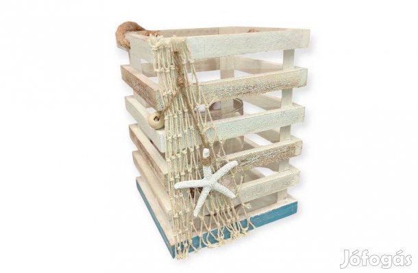 Dekoratív fa lámpás tengerparti stílusban fehér-kék gyertyatartó üve