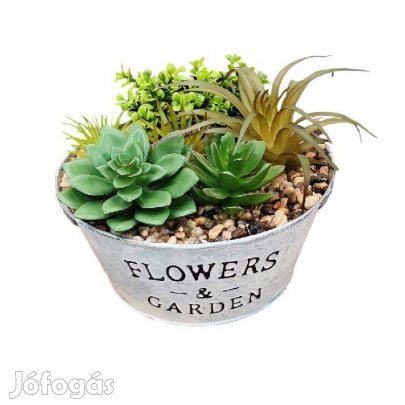 Dekoratív fém edény művirágokkal 18x16,5 cm, elegáns lakásdekoráció