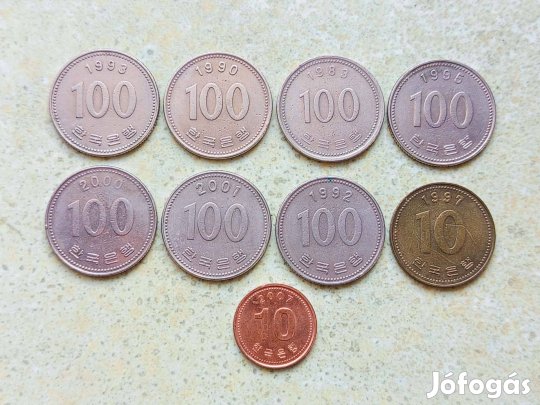 Dél-Korea 9 db Különböző Érme 10 100 Won 1983-2007