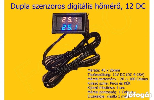 Digitális DC12V LED hőmérő Dupla szondával, érzékelővel -20.+100C