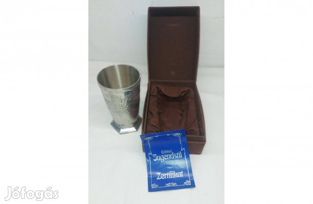 Díszes keresztelő ón pohár kupa díszdobozban ( XX. századi )