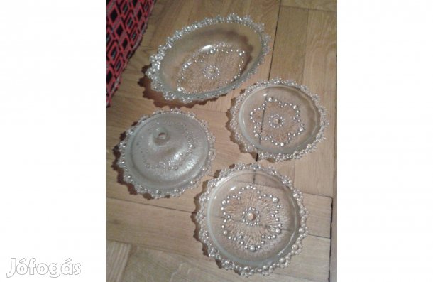 Díszes üveg tálaló készlet, konyhai szett