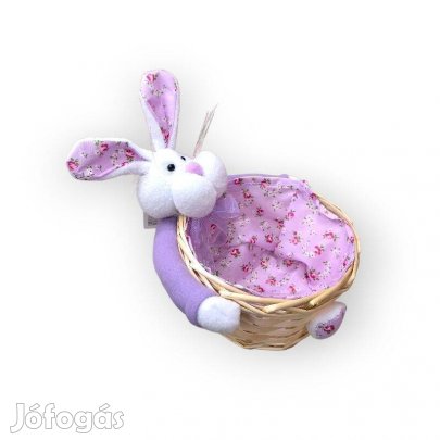 Díszítő húsvéti kosár nyúl mintával lila virágos anyagból 14cm