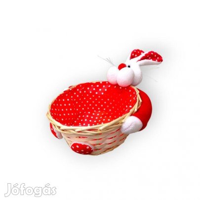 Díszítő húsvéti kosár szalmából 3D nyúl díszítéssel vörös-fehér 19x9