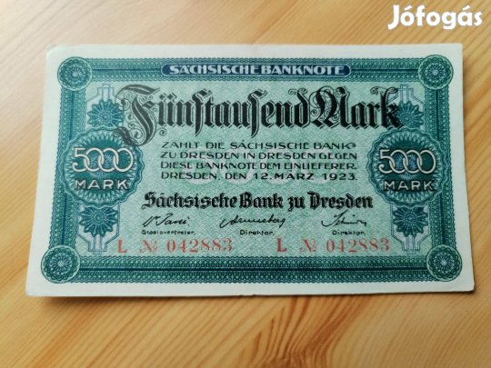 Drezdai kiadású 5000 márka 1923-as Német birodalmi papírpénz