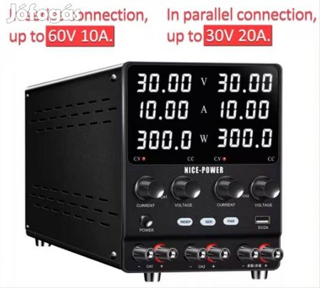 Dual labortáp, 2x30V 2x10A 600 W / 1x60V 10A / 1x30V 20A üzemmód, új