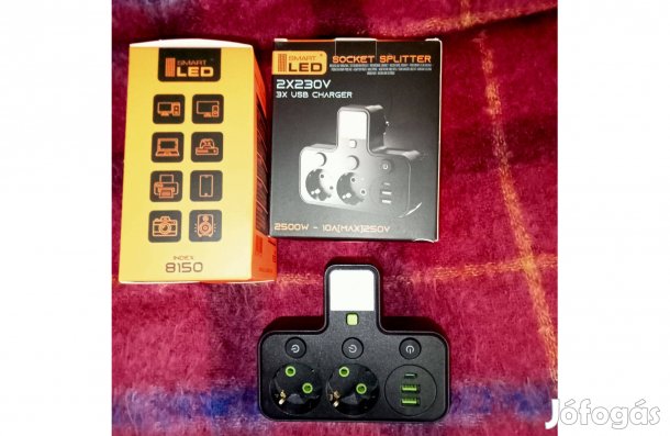Dupla Elosztó fali 220-as+usb+USB-C+lámpa 2db