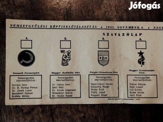 Egy eredeti szavazólap az 1945. november 4-i nemzetgyűlési választások