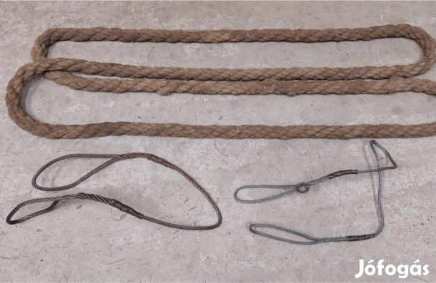 Egybe 2db drótkötél drót kötél 1m 360kg, 1db kenderkötél emelőkötél 2m