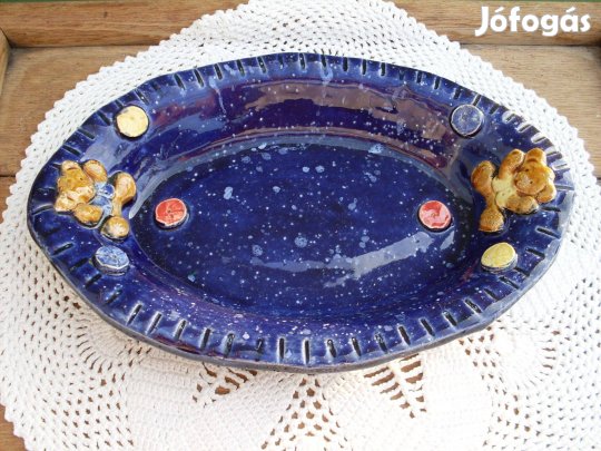 Egyedi, mázas kerámia ovális tál macikkal