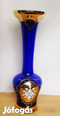 Egyedi szépségű kék aranyozott Bohemia váza dús eklektikus zománc fest