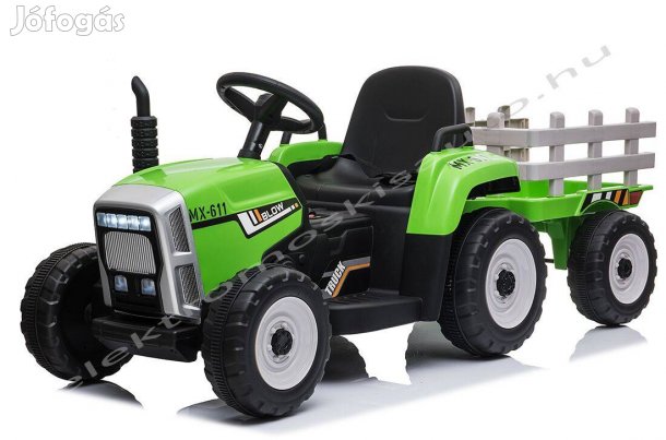 Egyszemélyes zöld 12V-os Traktor + trailer elektromos kisautó