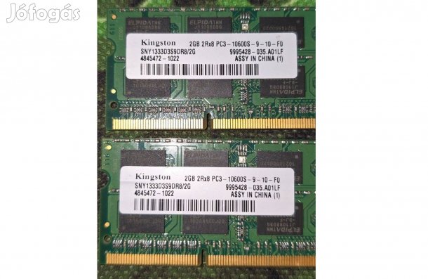 Eladó 2×2 GB DDR3 laptop RAM Kingston PC3-10600S (1333 MHz)