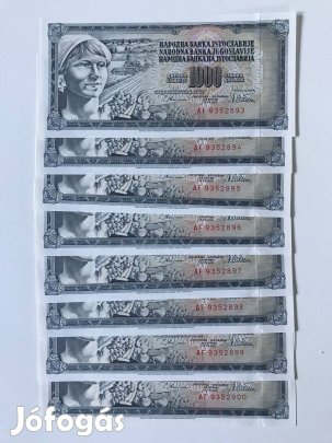 Eladó 8 darabos sorszámkövető 1978-as 1000 dináros bankjegy