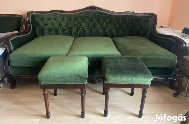 Eladó Antik kanapé neo-barokk sötét zöld bársony és 2 db Puff ülőke