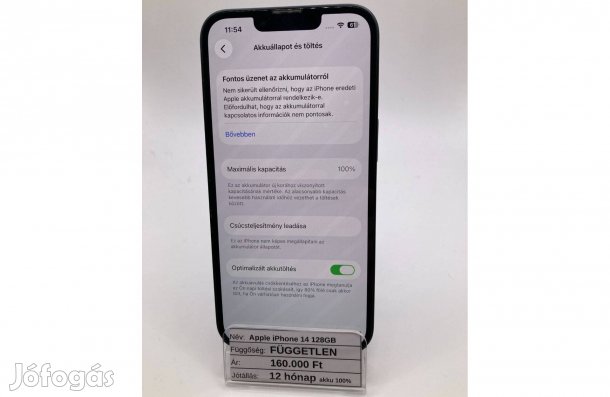 Eladó Apple iphone 14 128GB Fekete / AKKU 100% / 12 hónap jótállással!