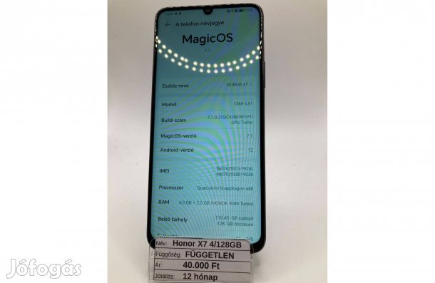 Eladó Honor X7 4/128GB / 12 hónap jótállás