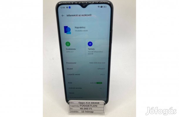 Eladó Oppo A14 4/64GB / 12 hó jótállás