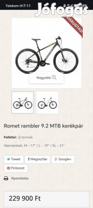 Eladó Romet 9.2 kerékpár 2 éves. Boltban vásárolt. Minden papírjával.