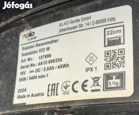 Eladó WIFI-s Alko Robolinho 822 W robotfűnyíró dokkoló állomással