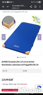 Eladó a képen látható Alpidex torna matrac (200 x 125 x 8 cm).