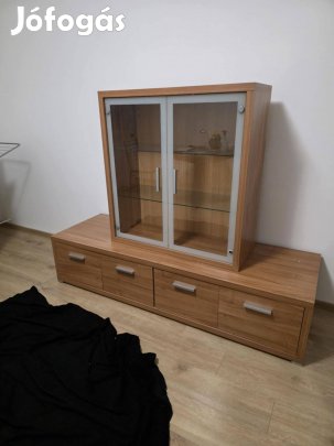 Eladó alacsony fiókos tv állvány, üvegajtós vitrinnel