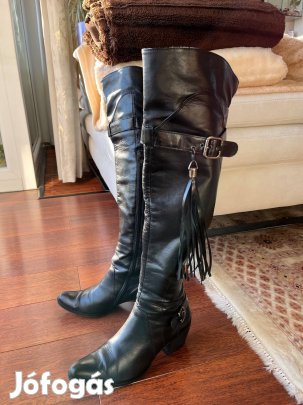 Eladó divatos cowboy, valódi bőr, fekete 38-as, magas szárú női csizma