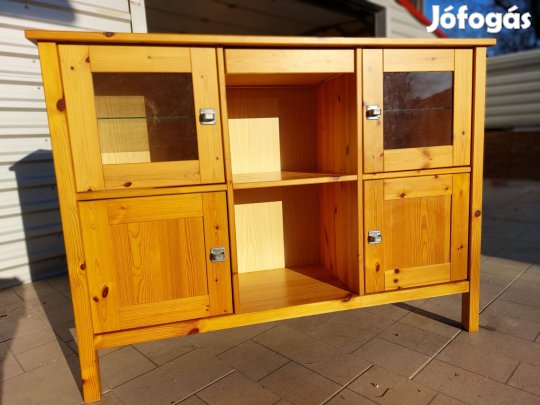 Eladó egy Magas Ikeas 1fiókos, vitrines, üveg polcos fenyő tálaló komó