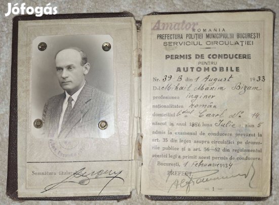 Eladó régi román jogosítvány, Román Királyság, Bukarest, 1933