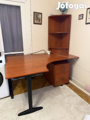 Eladó sarok íróasztal polcos felsőrésszel, gurulós fiókos tárolóval