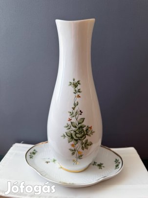 Elegáns Hollóházi porcelán váza + kínáló tál aranyszegéllyel