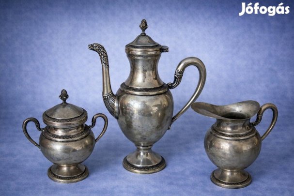 Elegáns empír stílusú ezüst kávés/teás készlet kiöntő, cukortartó és