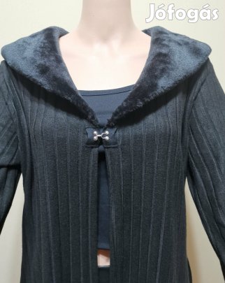 Elegáns fekete hosszú kardigán prém galléral XXL Új