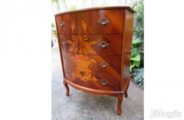 Elegáns intarziás neobarokk-chippendale 4 fiókos komód