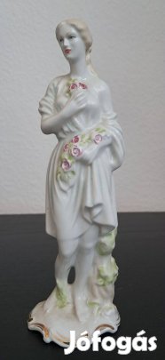 Elegáns porcelán szobor Virágot tartó nőalak, 20 cm