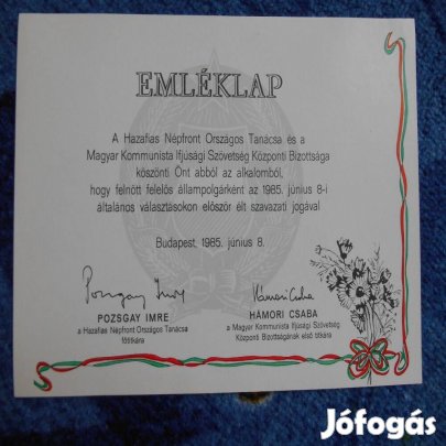 Első szavazók emléklapja