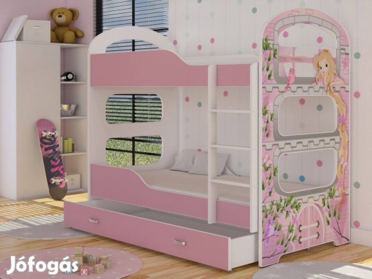 Emeletes gyerekágy ágyneműtartóval - Dominik N 80x160 cm - Rózsaszín h