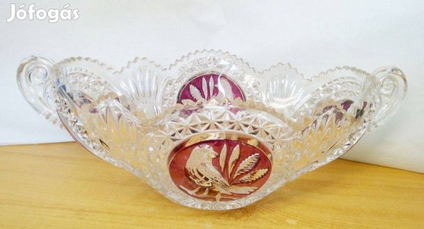 Énekes madaras kristály gyümölcstál, Hofbauer Crystal Co. Bajorország