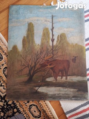 Erdei táj vízpart és szarvas - festmény 27x33cm