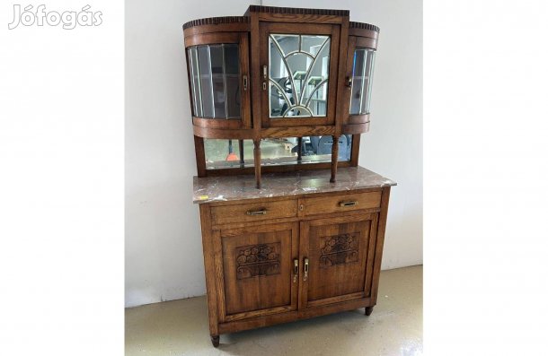 Eredeti Art Deco kredenc / vitrin, tölgyfa, márványlappal, kétrészes