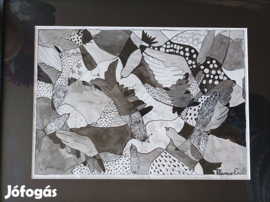 Eredeti alkotás, "Madarak", tusrajz, keretezett. 55,5*43,5 cm