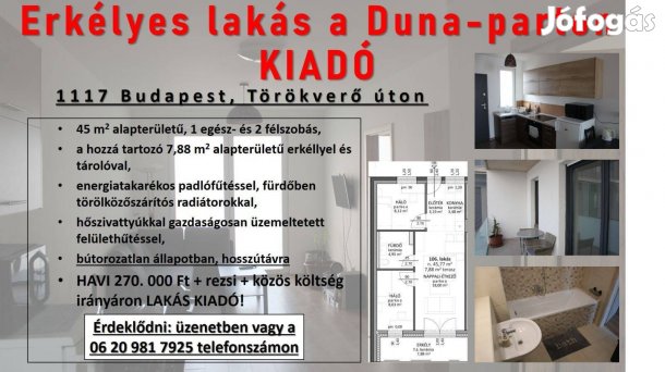 Erkélyes lakás a Duna-parton kiadó