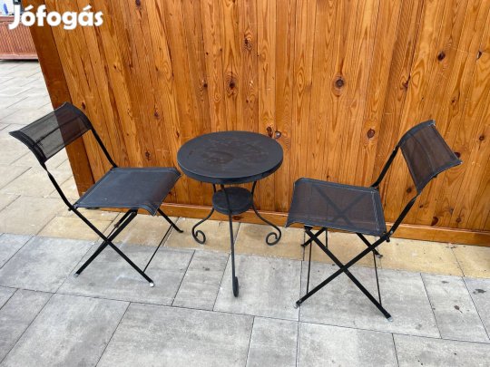 Erős Acél Textil Összecsukható Balkon Szett Asztal +2 db szék Fekete