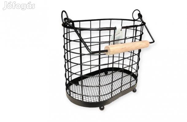 Evőeszköz-csöpögtető fekete fém, fa nyéllel, 18x11,5x15,5 cm