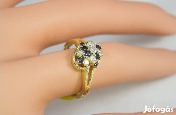 Exkluzív 14K Sárga Arany Gyűrű Briliánsokkal és Zafírokkal